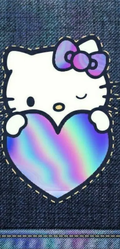 Cute cartoon cat with denim and heart on mobile wallpaper.