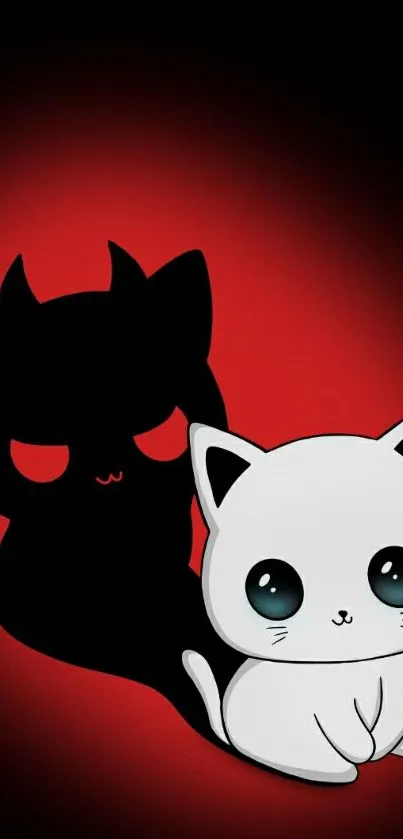 Cute white cat with a devil shadow on a red background wallpaper.