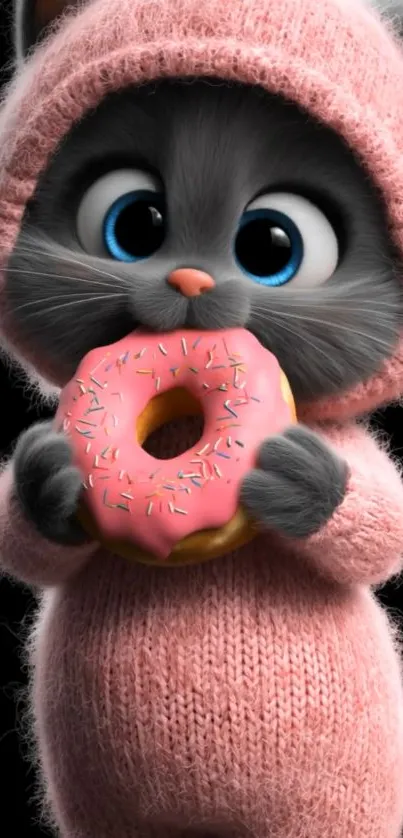 Cartoon cat in pink sweater holding a donut.
