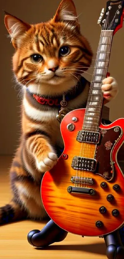 Adorable cat holding an electric guitar on a wooden floor.