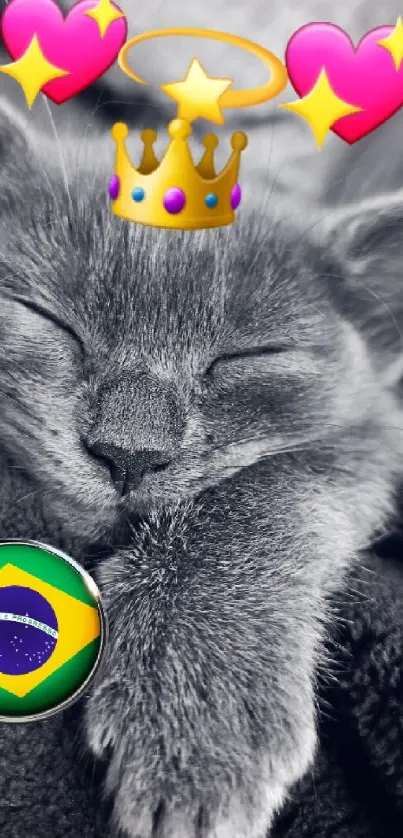 Sleeping cat with emojis, crown, and Brazil flag on gray background.