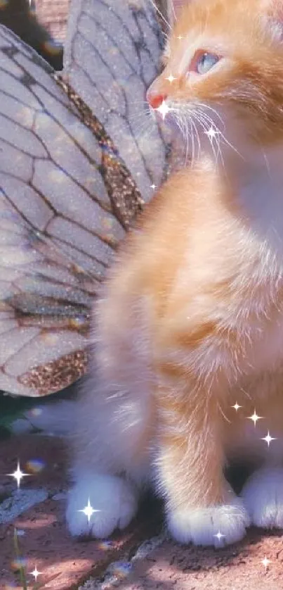 Cute orange kitten with fairy wings on brick steps.