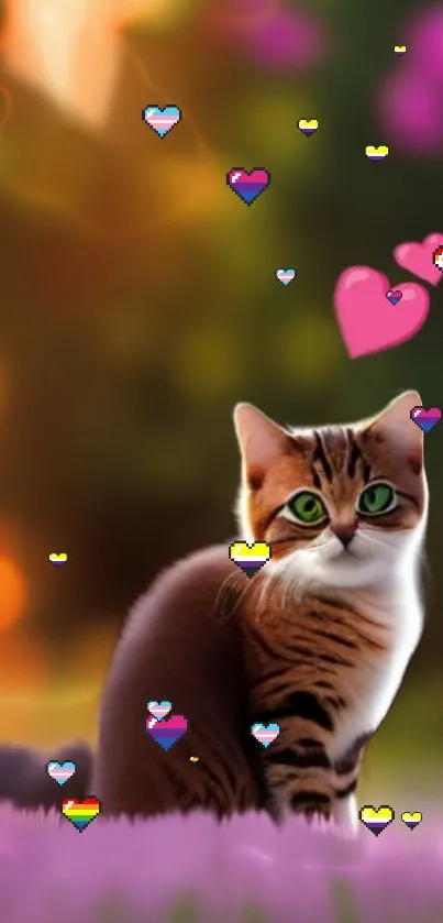 Adorable cat with colorful hearts falling in a lively wallpaper scene.