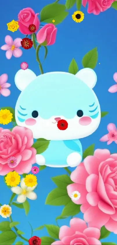 Cute cartoon cat with pink roses on a vibrant blue background.