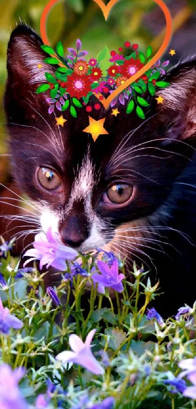 Black and white kitten with purple flowers and a floral heart crown.