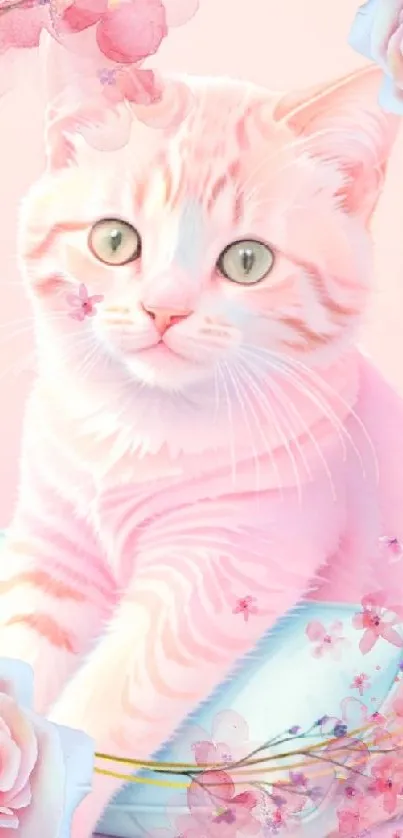 Pink cat with floral frame and roses on a pastel background.