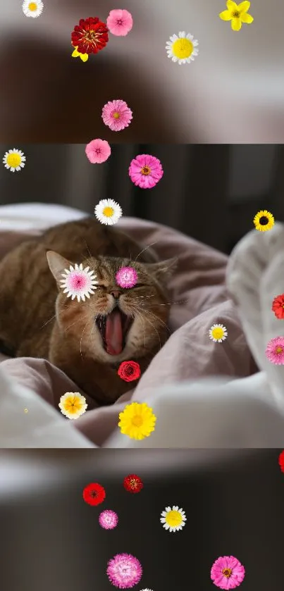 Yawning cat with colorful flower overlay on soft bedding backdrop.