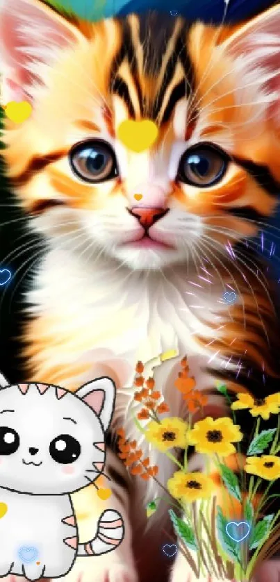 Adorable kitten and cartoon cat with flowers in vibrant art style wallpaper.