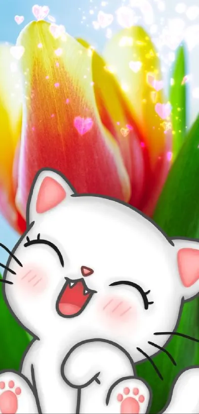 Adorable cartoon cat and vibrant tulip mobile wallpaper.