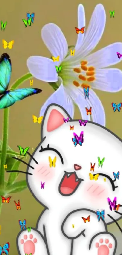 Cute cartoon cat with butterfly and a flower.