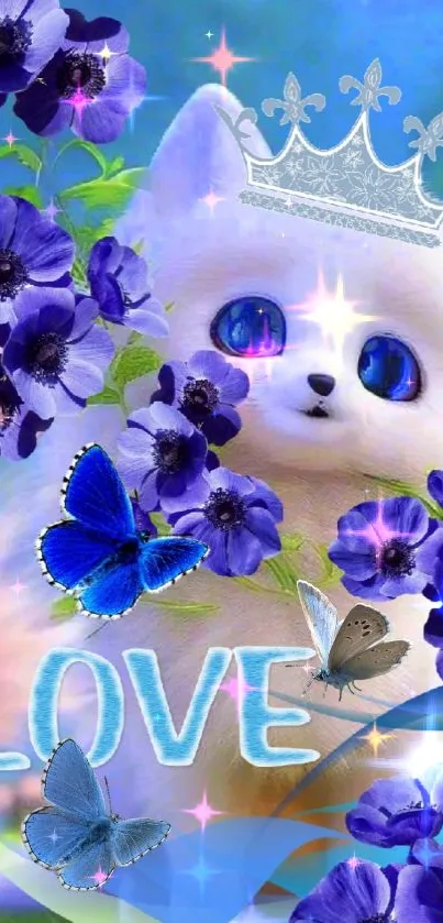 Cute cat with crown and purple flowers, blue butterflies.