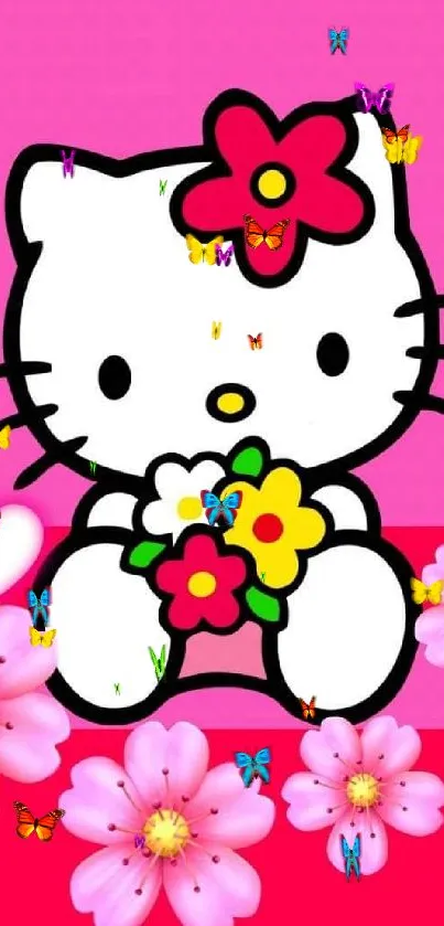 Cute cartoon cat with flowers on a pink wallpaper background.