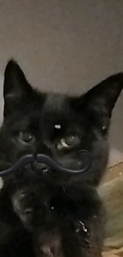 Black cat with a cute mustache posing humorously in the background.