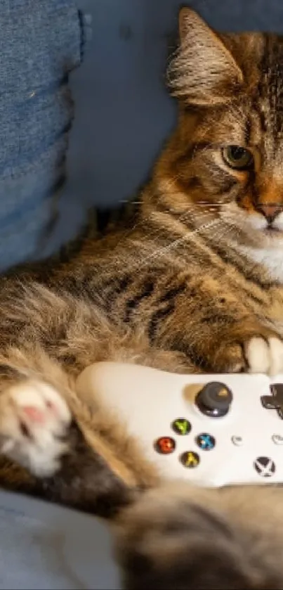 Cat lounging with a game controller on a comfy blue couch.