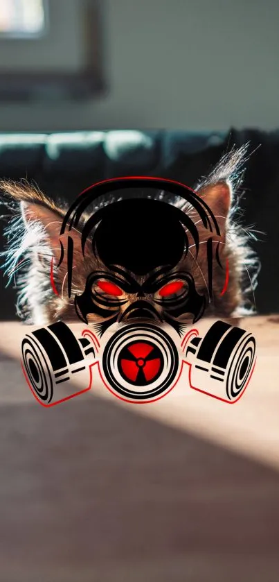 Cute cat with a gas mask in artistic mobile wallpaper.