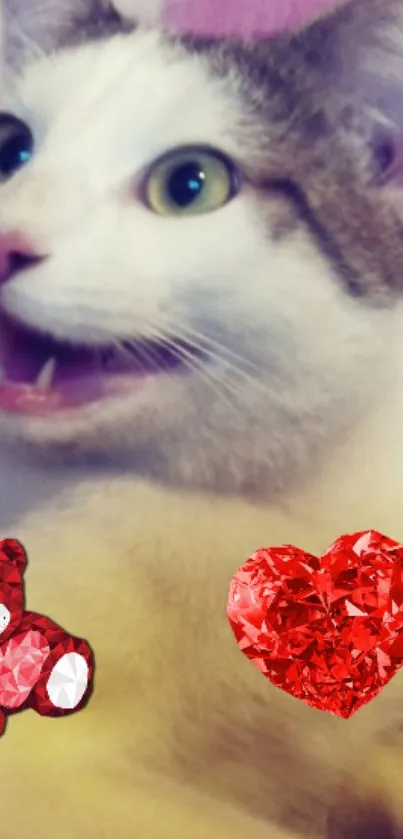 Cute cat with open mouth and red gem hearts.