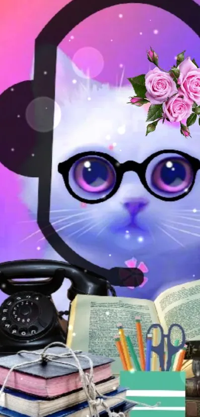 Adorable white cat with glasses, surrounded by books and flowers on colorful wallpaper.