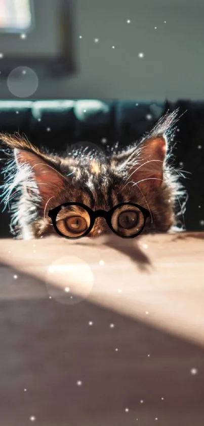 A playful cat wearing glasses peeks over a sunlit table in a fun wallpaper scene.