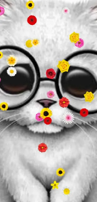 Fluffy white cat wearing glasses in a cute wallpaper.