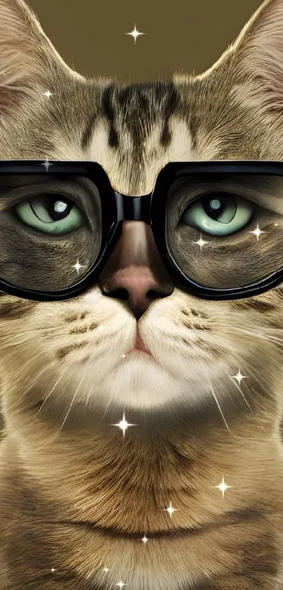 Stylish cat wearing glasses on olive background.