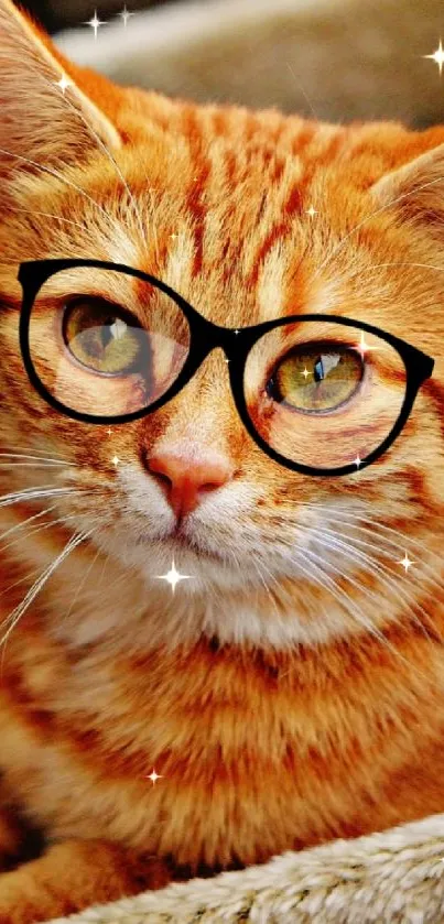 Orange cat with glasses in a cozy setting.