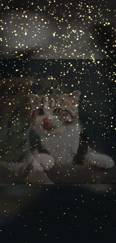 Cute cat surrounded by sparkling gold glitter on a dark background.