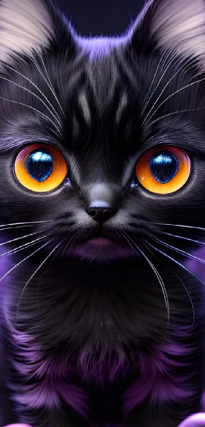 Cute black cat with glowing orange eyes on a mobile wallpaper.