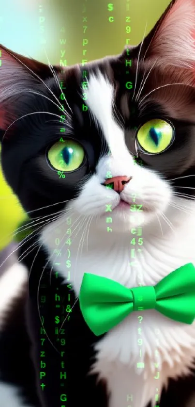 Black and white cat with green bowtie and green eyes in a vibrant setting.