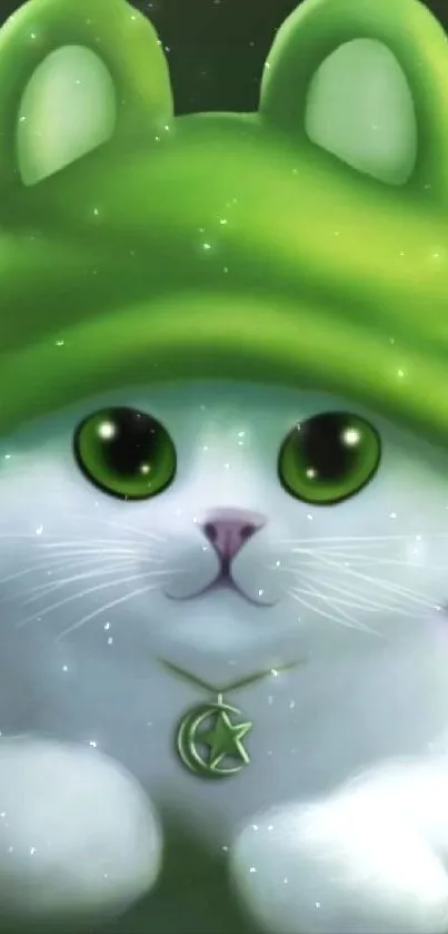 Adorable white cat with green hat and necklace wallpaper.