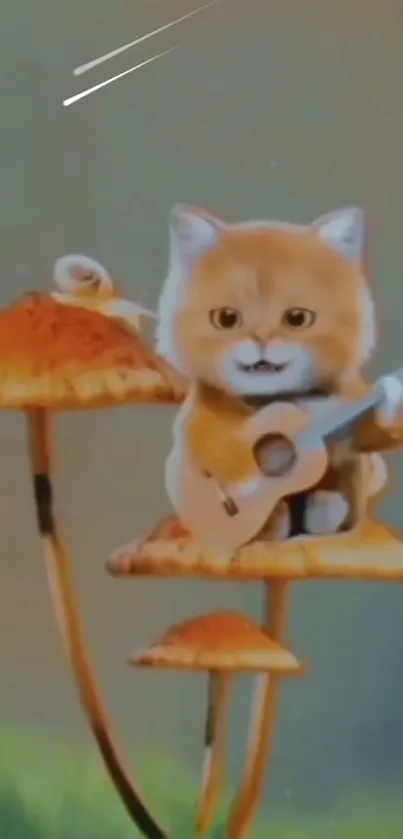 Cute cartoon cat playing guitar on mushrooms.