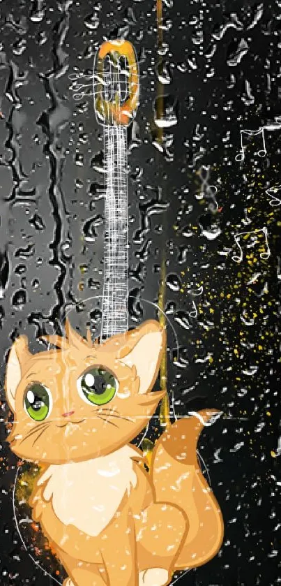 Cute cat with guitar under raindrops.