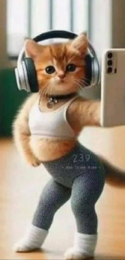 Cat wearing headphones taking selfie in cute pose.