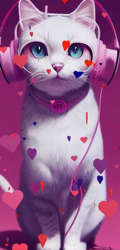 Cute white cat wearing pink headphones with hearts.