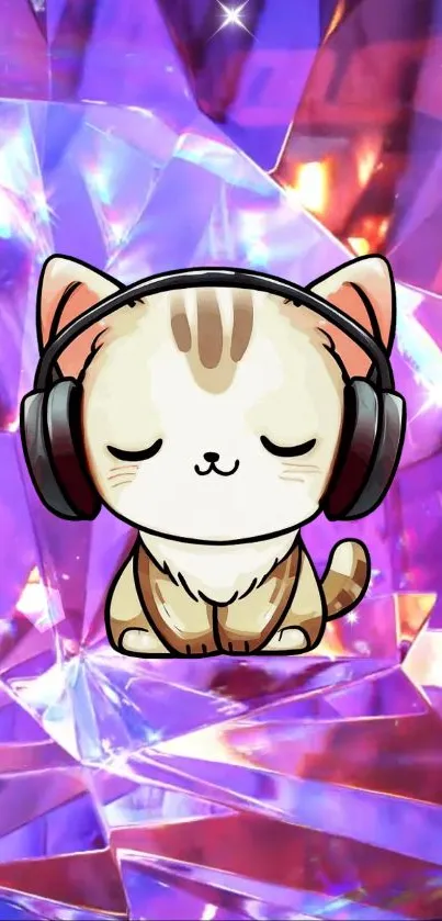 Cute cat with headphones on a purple crystal background wallpaper