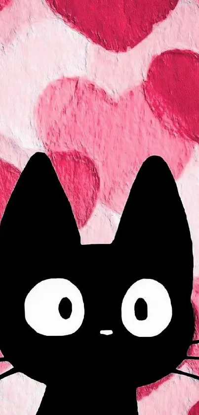 Black cartoon cat with pink heart background.