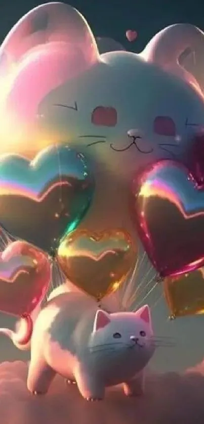 A cute cat floats with heart-shaped balloons in a dreamy sky.