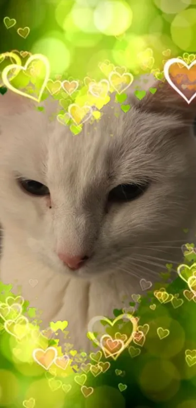 White cat surrounded by heart-shaped bokeh effects in green and yellow hues.