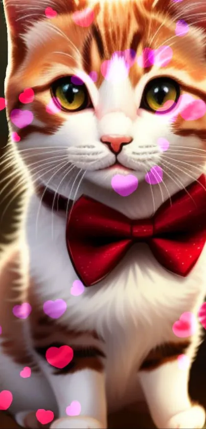 Cute cat with red bowtie and heart bokeh effect.