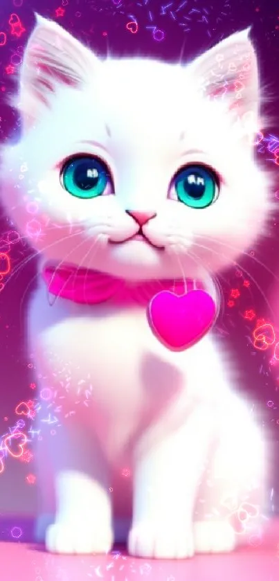 White kitten with a heart collar on a pink and purple background.