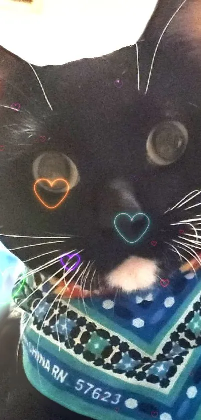 Black cat with a blue bandana and heart effects.