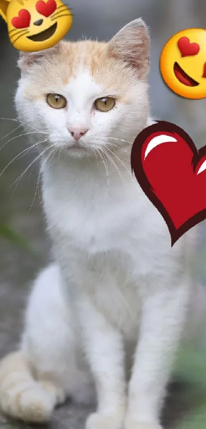 Cute white and orange cat with heart emojis on a green background.
