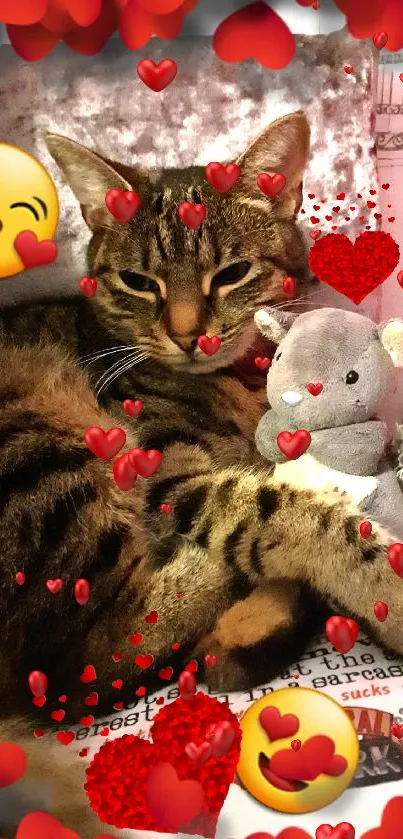 Cute tabby cat with heart emojis and plush toy, perfect for wallpaper.