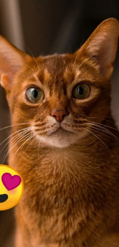 Cute brown cat with a heart eyes emoji on mobile wallpaper.