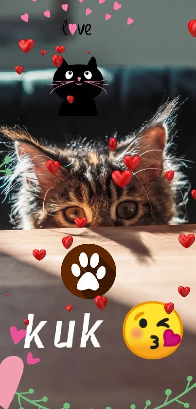 Kitten peeking with hearts and cartoon elements on a playful wallpaper.