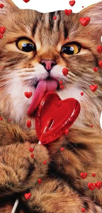 Cat licking heart-shaped lollipop wallpaper.