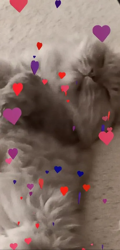 Fluffy cat lounging with vibrant heart overlays.