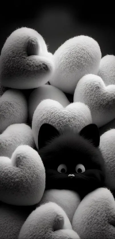 Black cat hidden among white heart pillows.