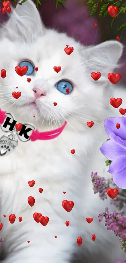 White cat with blue eyes, hearts and flowers wallpaper.