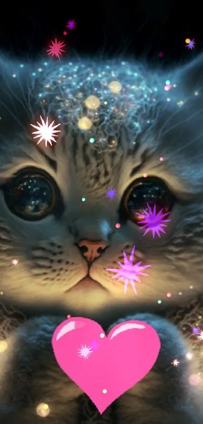 Cute kitten with twinkling stars and a pink heart.