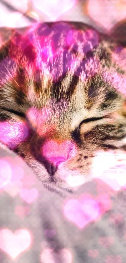 Sleeping cat with pink heart overlay on mobile wallpaper.